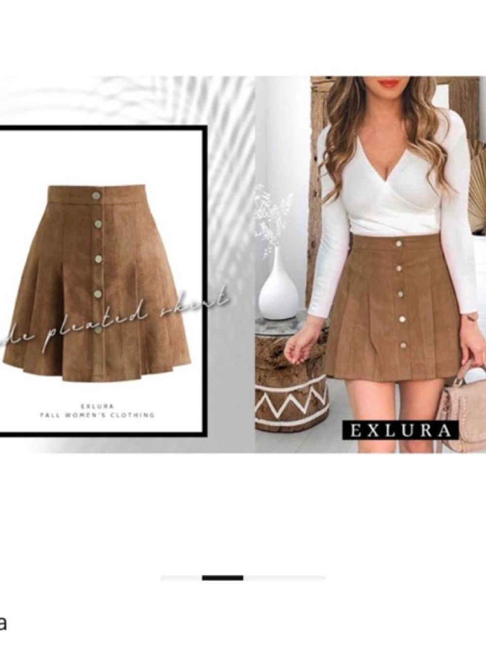 Exlura Brown Suede-Look Mini Skirt with Button Front , Size M